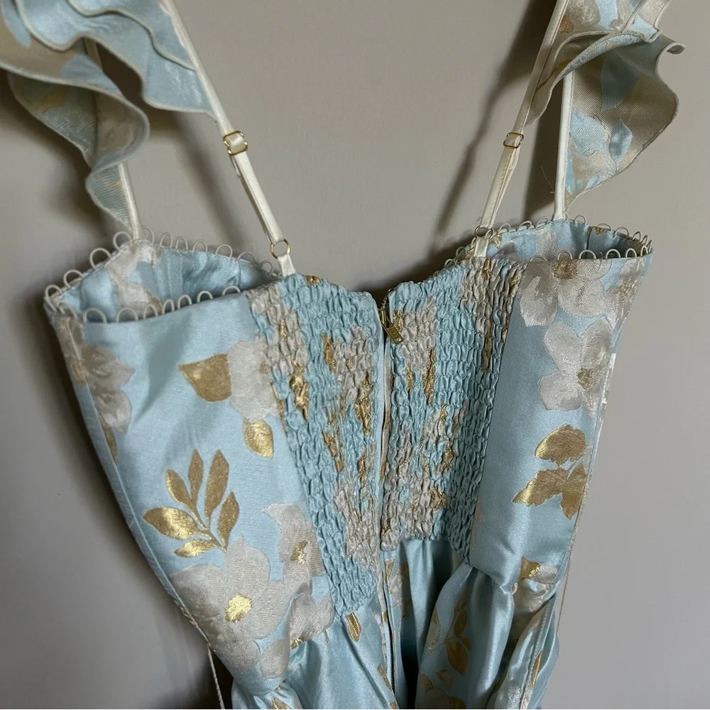 V. Chapman Sky Blue and Gold Floral Midi Dress - Picture 11 of 15
